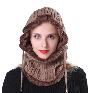 Brown knitted hooded scarf with thick fleece lining and cable knit texture for winter