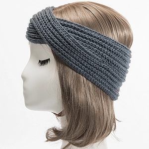 Detail view of dark grey knitted headband with twist knot and thick cable knit texture