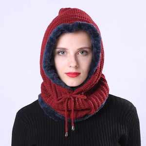 Knitted balaclava with red striped texture, navy faux fur lining and adjustable drawstrings