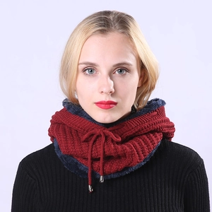 Women's burgundy knit neck gaiter with navy fleece lining and adjustable drawstring