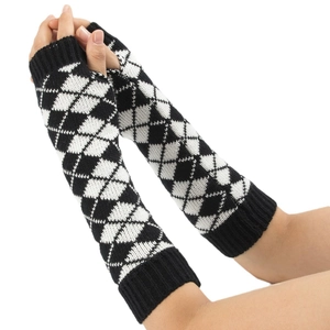 Mitaines longues en tricot pour femmes avec motif à losanges argyle noir et blanc