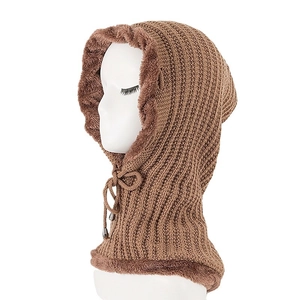 Winter striped knit balaclava with warm fleece lining and adjustable drawstring in dark brown