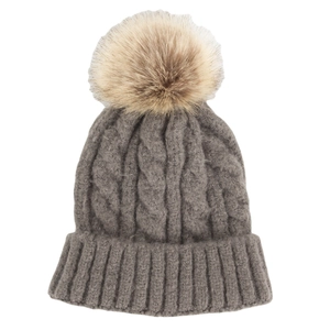 Thick cable knit beanie with faux fur pom pom in grey, warm winter hat for women