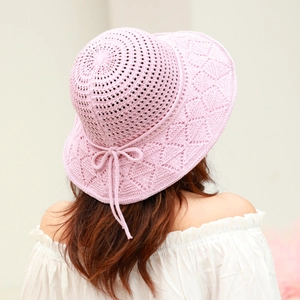 Women Foldable Hollow Crochet Cotton Sun Hat Wide Brim Knit Bucket Hat With Bow Beach Sun Protection Summer Travel Hat