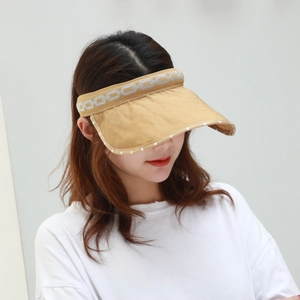 Detail of khaki sun visor with chain pattern strap and white polka dot brim edge