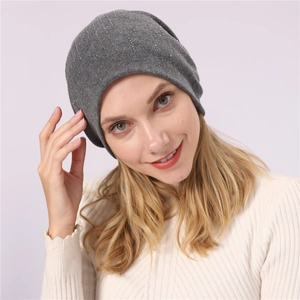Close-up of grey knit beanie featuring shimmering rhinestone details for winter warmth