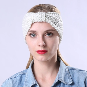 Handgefertigtes weißes Strickstirnband für Damen mit warmer Schleife für den Winter
