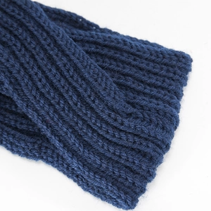 Close-up of dark blue knit headband showing textured rib stitch yarn pattern detail