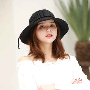 Detailed texture of black crochet sun hat featuring breathable mesh and side ribbon bow