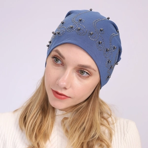 Blue double-layer cotton beanie hat for women featuring pearl and rhinestone decorations