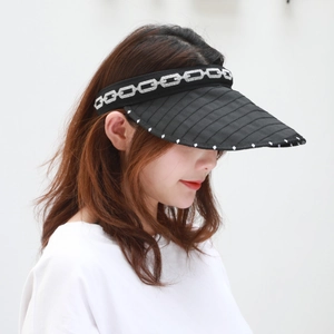Detailed side view of black open top sun hat with silver chain and polka dot brim