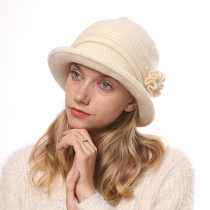 Detailed knit texture of a warm beige floral cloche hat with soft faux rabbit fur finish