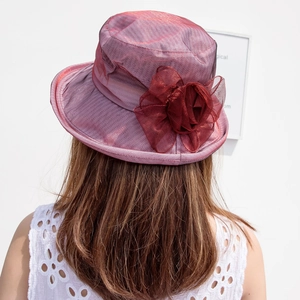 Elegant purple organza sun hat with a red floral detail for women in summer