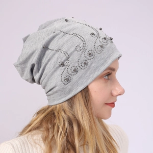 Women Slouchy Beanie Rhinestone Pearl Flower Pattern Cotton Blend Skullcap Casual Breathable Winter Warm Hat For Daily Wear
