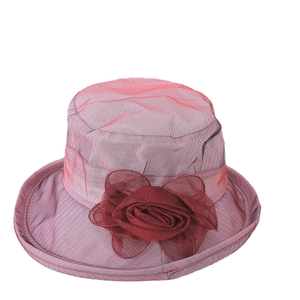 Elegant dusty pink women's sun hat with a delicate burgundy organza flower embellishment