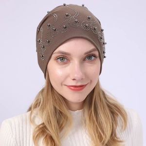 Brown slouchy cotton beanie with sparkling rhinestones and pearls on soft knit fabric