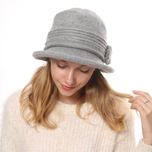 Detail of grey knitted wool flower hat showing fluffy texture and warm double layers