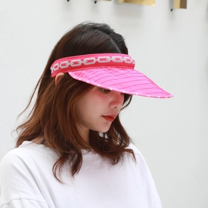 Detail of rose red sun visor with silver chain pattern headband on female model