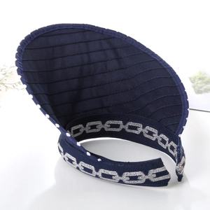 Close-up of foldable navy blue sun visor with silver chain pattern and elastic headband