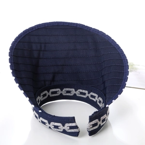 Detail of navy sun visor featuring silver chain pattern and white polka dot brim