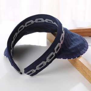 Detail of dark blue visor with chain pattern embroidery and padded inner headband