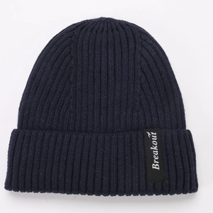 Detailed close-up of dark blue ribbed knit beanie featuring a Breakout text label