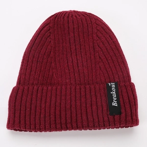 Close-up of wine red ribbed knit beanie showing vertical texture and Breakout label