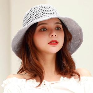Women's foldable light gray knit sun hat with hollow diamond texture and wide brim