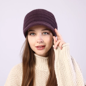 Close-up of deep purple striped knit peak cap with thick thermal texture and brim
