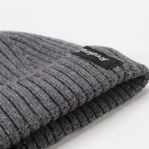 Close-up of grey ribbed knit beanie showing thick wool texture and Breakout label detail