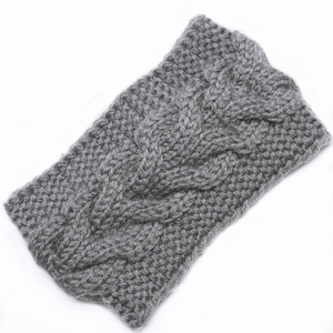 Close-up of grey cable knit headband showing thick texture and warm acrylic fiber weave
