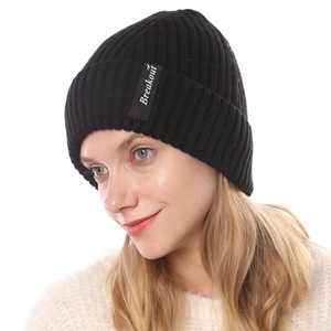 Winter black ribbed knit beanie with Breakout label for men and women warming