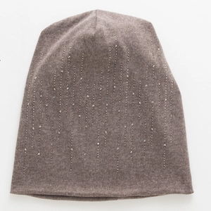 Close-up of dark brown cotton beanie featuring vertical silver rhinestone patterns