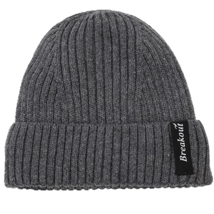 Dark grey ribbed knit beanie for men and women with white Breakout lettered patch