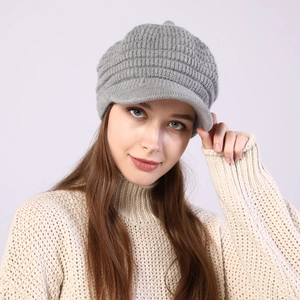 Close-up of grey striped knit visor beanie with warm fleece lining and textured pattern