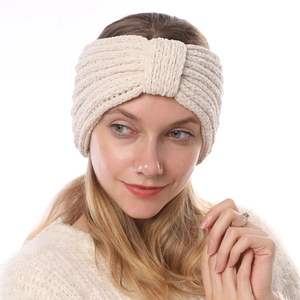 Fascia per capelli in ciniglia beige a coste spesse con nodo a fiocco invernale