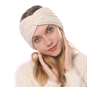 Fascia per capelli in maglia di ciniglia bianco crema con nodo incrociato per inverno