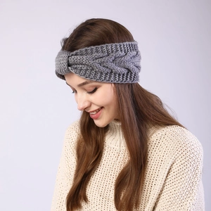 Close-up of grey cable knit headband on a model for autumn winter warmth