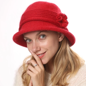 Women Winter Thick Warm Knitted Cloche Hat With Flower Elegant Faux Rabbit Fur Acrylic Double Layer Beanie Bucket Hat
