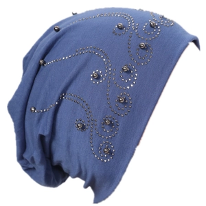Dark blue cotton slouchy beanie for women with elegant pearl and rhinestone patterns