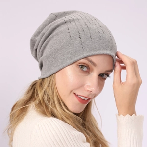 Women Slouchy Beanie Hat Cotton Blend Rhinestone Studded Double Layer Warm Knit Skull Cap Casual Fashion Headwear