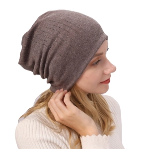 Women's slouchy coffee knit beanie with sparkling rhinestones for winter warmth
