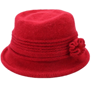 Women's red faux rabbit fur knit cloche hat with stylish 3D flower detail for winter