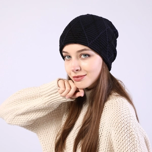 Detailed close-up of a diamond lattice pattern knitted beanie for winter warmth