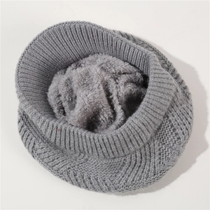 Detail of grey ribbed knit texture and soft faux fur lining for thermal winter warmth