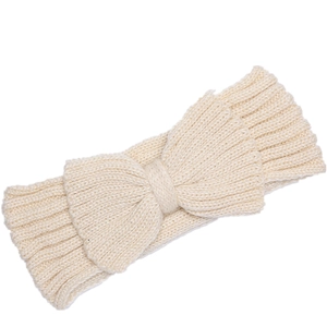 Close-up of cream ribbed knit headband featuring a thick wool bow and soft texture