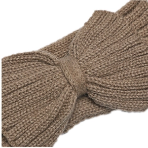 Detailed macro view of the brown ribbed knit headband featuring a stylish central knot