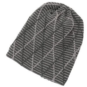 Winter fleece-lined knitted beanie for men and women featuring dark grey diamond grid pattern
