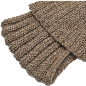 Macro detail of khaki ribbed knit texture showing premium wool yarn craftsmanship and elasticity