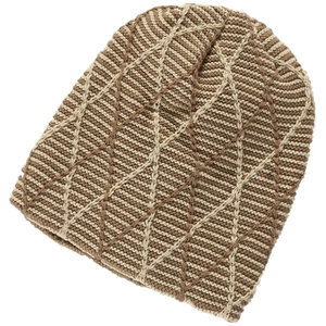 Close-up of diamond pattern knit texture and warm fleece lining on coffee brown beanie